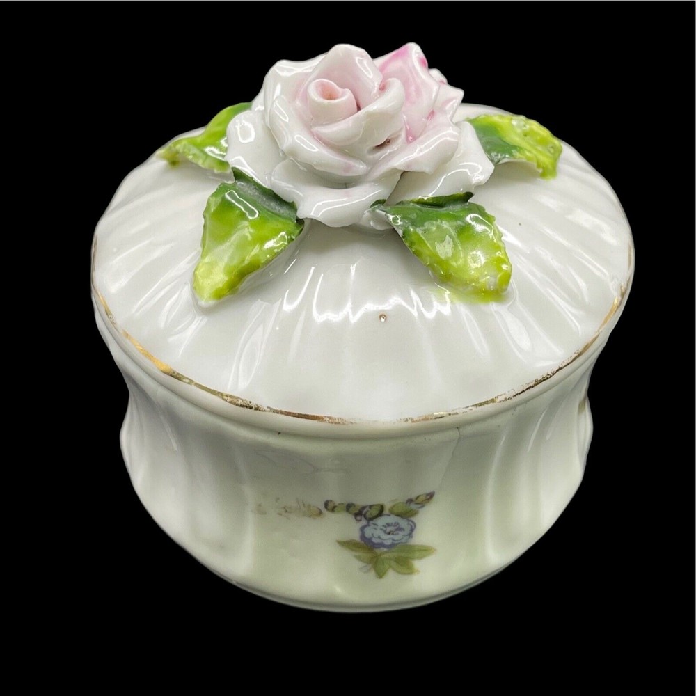Elfinware Germany Vintage Pre 1945 Trinket Box Rose Painted Flowers White FLAW